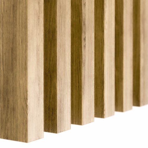 Vertical natural oak wall slats with the wood texture visible.