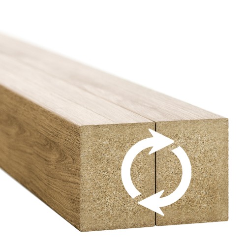 Cross-section of two oak-coloured wall slats with an MDF core and an icon indicating double-sided installation.