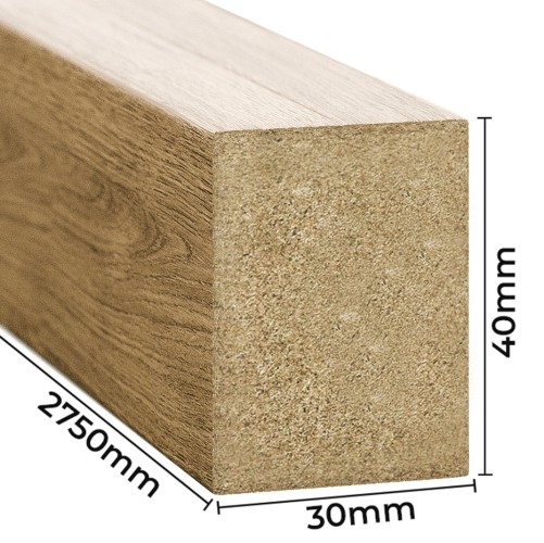 Cross-section of a Natural Oak wall slat with dimensions of 30 mm wide, 40 mm deep and 2750 mm long.