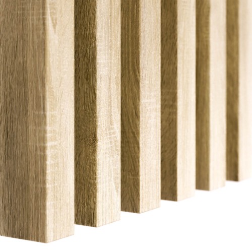 Vertical light oak wall slats with the wood grain visible.