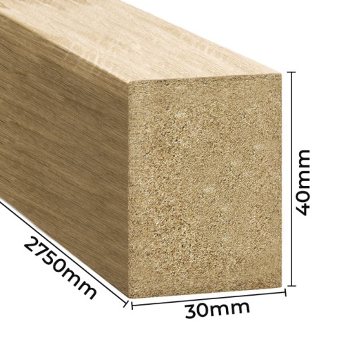 An oak-coloured wall slat with dimensions: 30 mm wide, 40 mm high and 2750 mm long.
