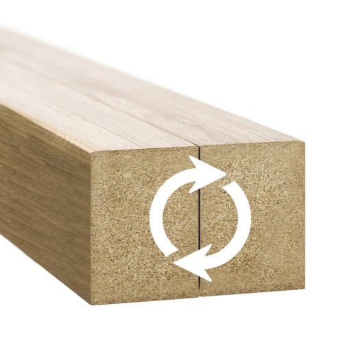 Cross-section of two oak-coloured wall slats with an arrow icon indicating double-sided installation.