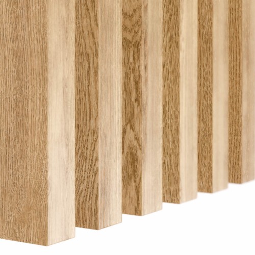 Vertical oak-veneered wall slats arranged in a row, with the grain visible.