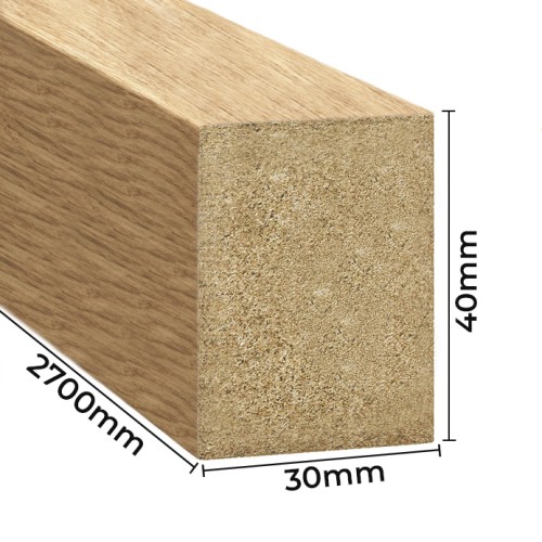 An oak-veneered wall slat with dimensions shown: 30 mm wide, 40 mm deep and 2700 mm long.