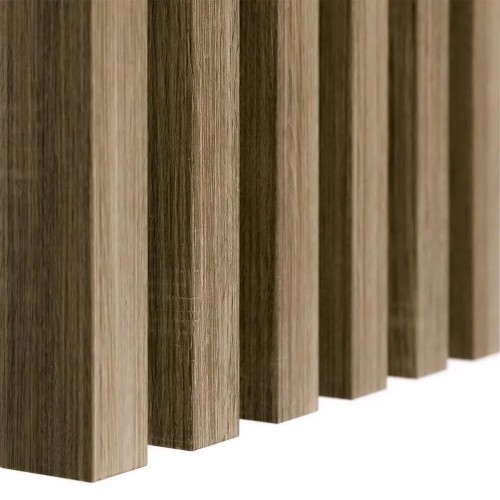 Vertical ash oak-coloured decorative wall slats with visible wood grain.