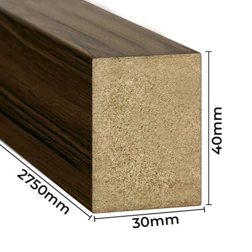 A walnut-coloured wall slat with dimensions shown: 30 mm wide, 40 mm high and 2750 mm long.