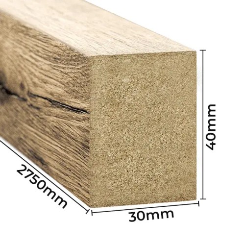 A Wotan oak wall slat with dimensions shown: 30 mm wide, 40 mm deep and 2750 mm long.