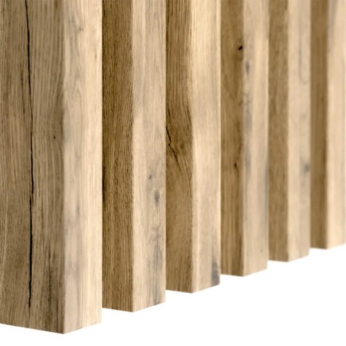 Close-up of vertical wall slats in Wotan oak, showing the wood grain.