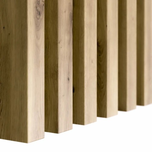 Close-up of vertical wooden wall slats in Artisan oak.