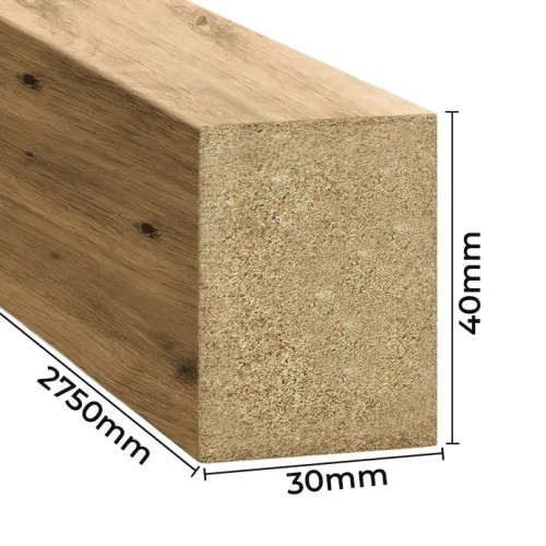 An Artisan oak wall slat, with cross-section and dimensions: 30 mm wide, 40 mm deep and 2750 mm long.