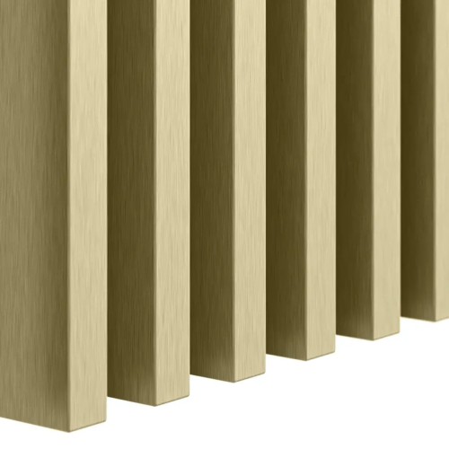 Close-up of vertical wall slats with a brushed gold finish.