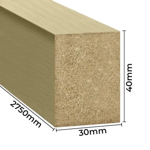 Gold wall slat with the following dimensions indicated: width 30 mm, height 40 mm and length 2750 mm.