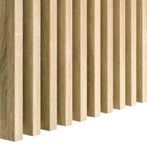 Vertical Sonoma oak wall slats with the wood texture visible.