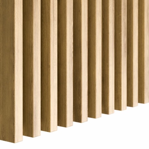 Vertical natural oak wall slats with the wood grain visible.