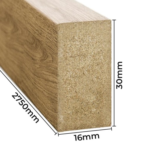 Cross-section of a Natural Oak wall slat with dimensions shown: 16 mm, 30 mm and 2750 mm long.