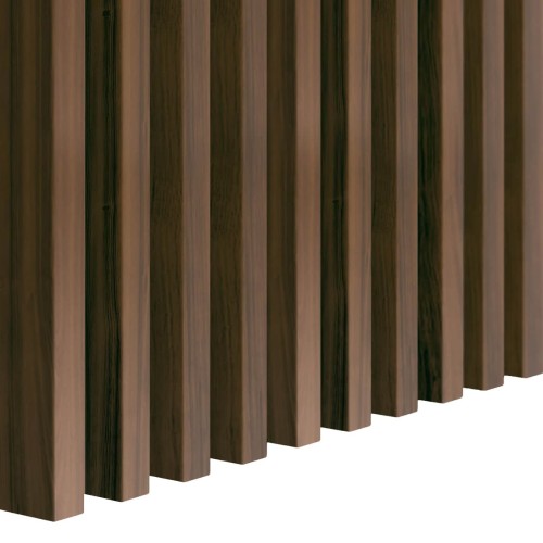 Vertical walnut-coloured wall slats with the wood texture visible.