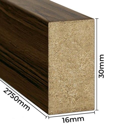 Cross-section of a walnut-coloured wall slat with dimensions shown: 16 mm, 30 mm and 2750 mm.
