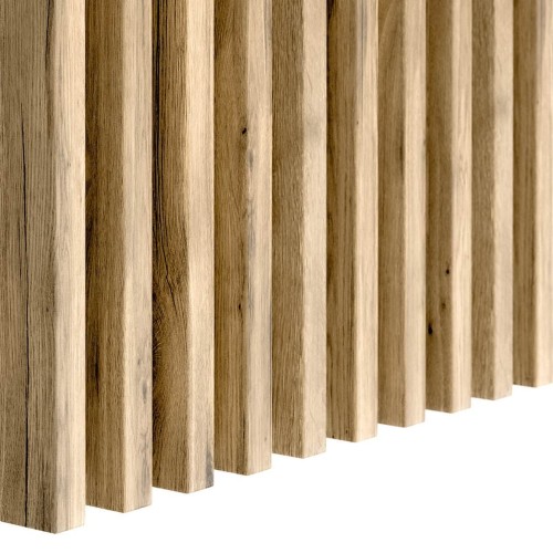 Vertical Wotan oak wall slats with the wood grain visible.