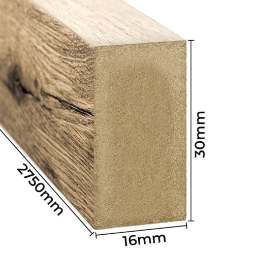 Cross-section of a Wotan Oak wall slat with dimensions shown: width 16 mm, height 30 mm, length 2750 mm.