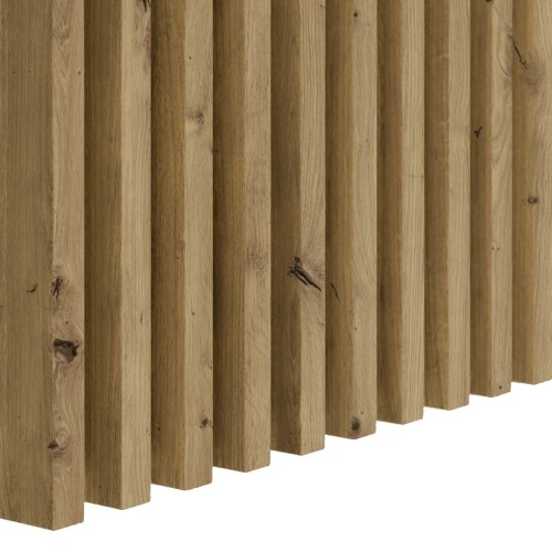 Vertical Artisan oak wall slats with visible wood grain and knots.