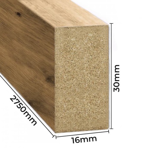 Cross-section of an Artisan Oak wall slat with dimensions of 16 mm wide, 30 mm deep and 2750 mm long.