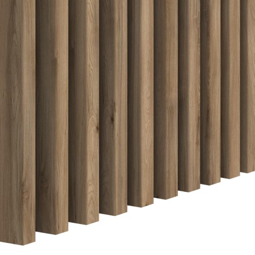 Vertical dark oak wall slats with the profile and wood grain visible.
