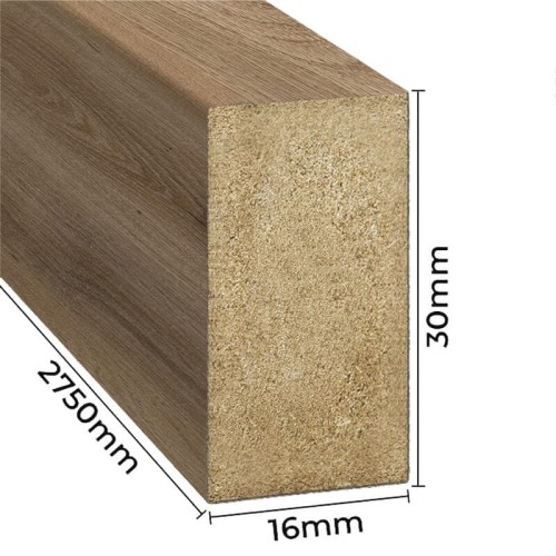 Dark oak wall slat profile with dimensions shown: width 16 mm, height 30 mm and length 2750 mm.