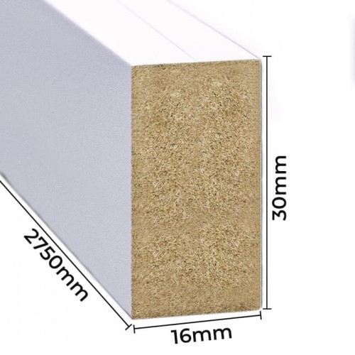 Cross-section of a white wall slat with dimensions shown: 16 mm wide, 30 mm deep and 2750 mm long.
