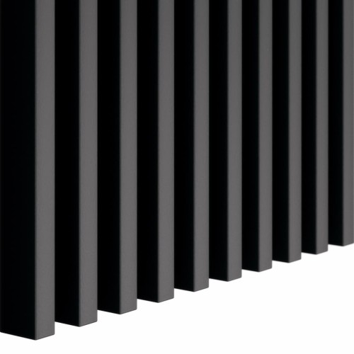 Black vertical wall slats viewed from the side, showing the profile and depth of the decorative slats.