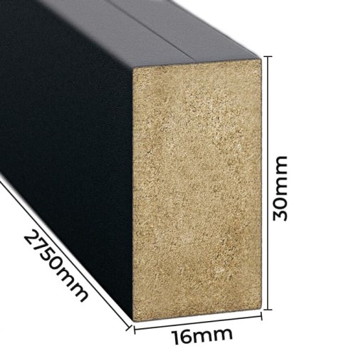 Cross-section of a black wall slat with dimensions of 16 mm wide, 30 mm high and 2750 mm long.