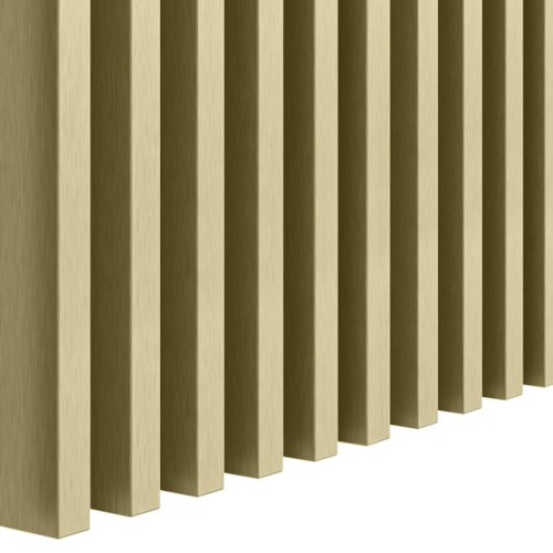 Gold wall slats with a brushed surface, arranged vertically at regular intervals.