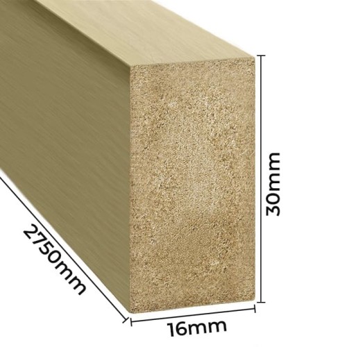 Cross-section of a gold decorative slat measuring 16 mm wide, 30 mm deep and 2750 mm long.