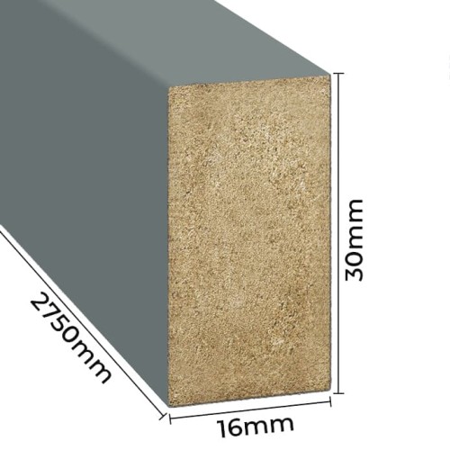 Grey wall slat with dimensions shown: 16 mm wide, 30 mm deep and 2750 mm long.
