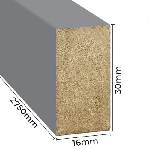 Cross-section of a grey wall slat with dimensions shown: 16 mm wide, 30 mm high and 2750 mm long.