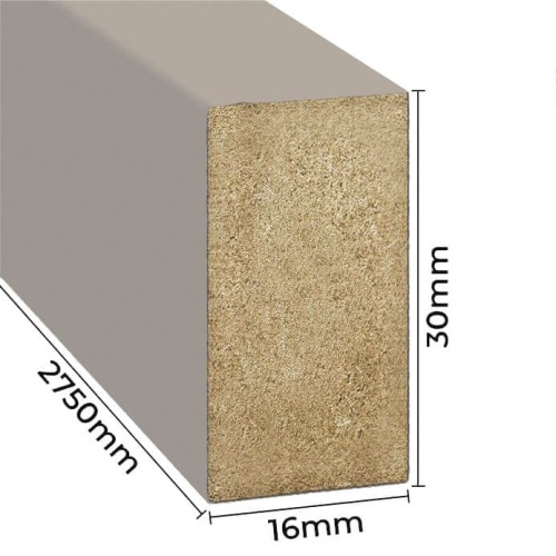 Dimensions of a decorative wall slat in cashmere: width 16 mm, height 30 mm, length 2750 mm.