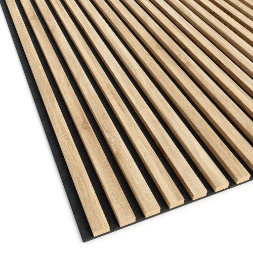 Sonoma oak-coloured wall slats mounted on a black felt backing.