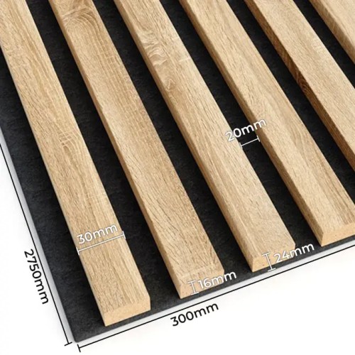 Dimension diagram of Sonoma oak wall slats on black felt, 300 mm wide, 2750 mm long and 24 mm thick.