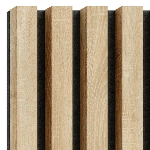 Vertical Sonoma oak wall slats on a black felt backing.