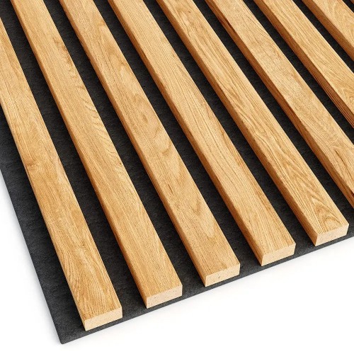 Natural oak-coloured wooden slats mounted on a black felt backing.