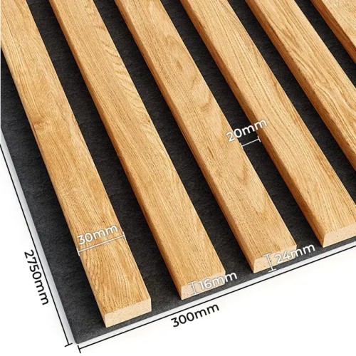 Dimensions of a panel with oak slats on black felt: 2750 mm long, 300 mm wide and 24 mm thick.
