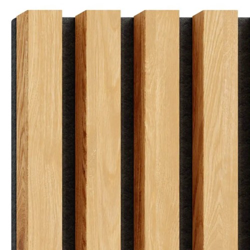 Vertical decorative slats in natural oak on a black felt backing.