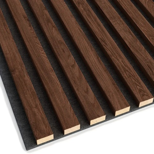 Brown wall slats in a walnut shade, fitted on a black felt backing.