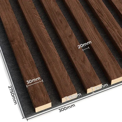 Walnut-coloured wall slats on black felt, with the dimensions of the slats and panel shown.
