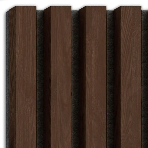 Vertical dark brown wall slats with a wood texture on a black felt backing.