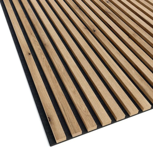 Artisan oak wall slats mounted on a black felt backing.
