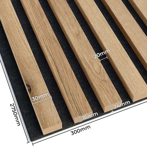 Dimensions of artisan oak decorative slats on black felt: 2750x300 mm, strip width 30 mm, gap 20 mm.