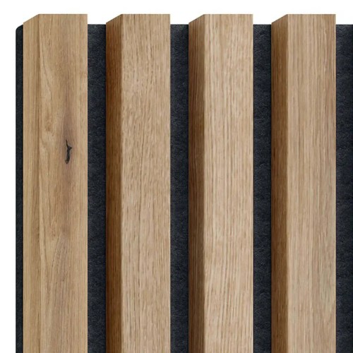Artisan oak-coloured wall slats mounted on a black felt backing.
