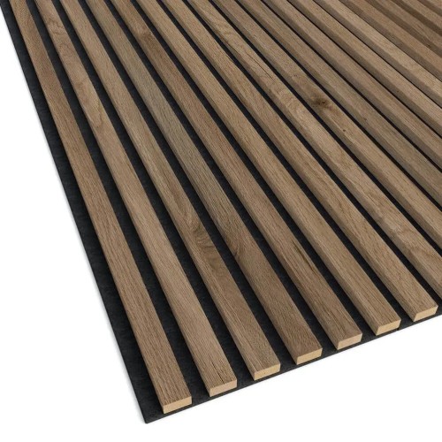 Dark oak-coloured decorative wooden slats mounted on black acoustic felt.