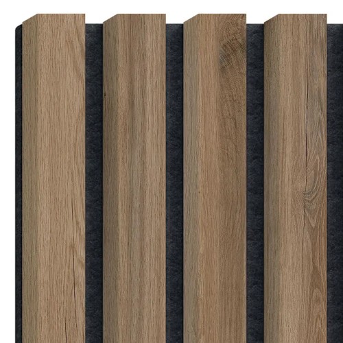 Vertical dark oak-coloured wooden wall slats on a black felt backing.