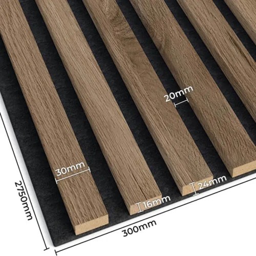 Dimensions of a slatted panel on felt: strip width 30 mm, gap 20 mm, thickness 24 mm, panel dimensions 300x2750 mm.